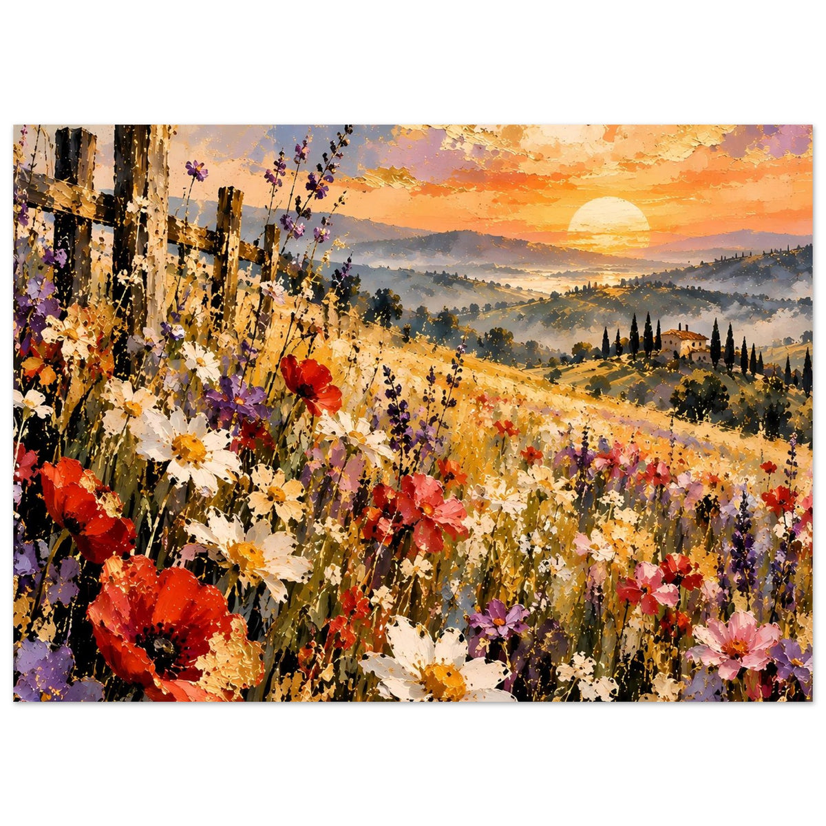 Rechteckiges Poster mit Wiesenblumen und Mohnblüten, warmes Licht und hügelige Landschaft