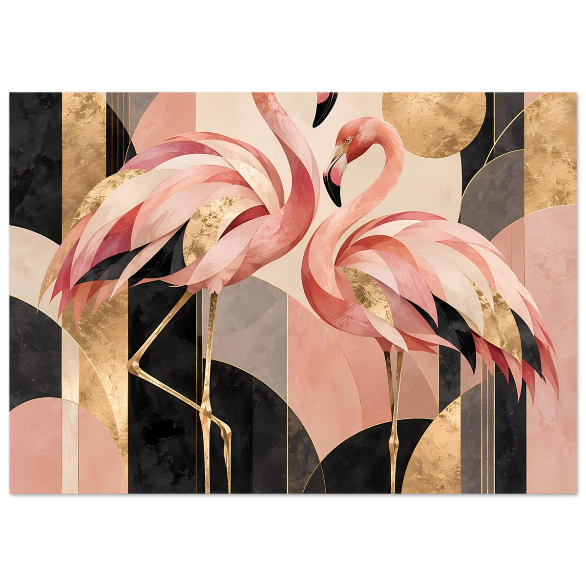 Zwei rosa Flamingos vor geometrischem Hintergrund mit Goldakzenten in Schwarz und Creme – Posteransicht 41