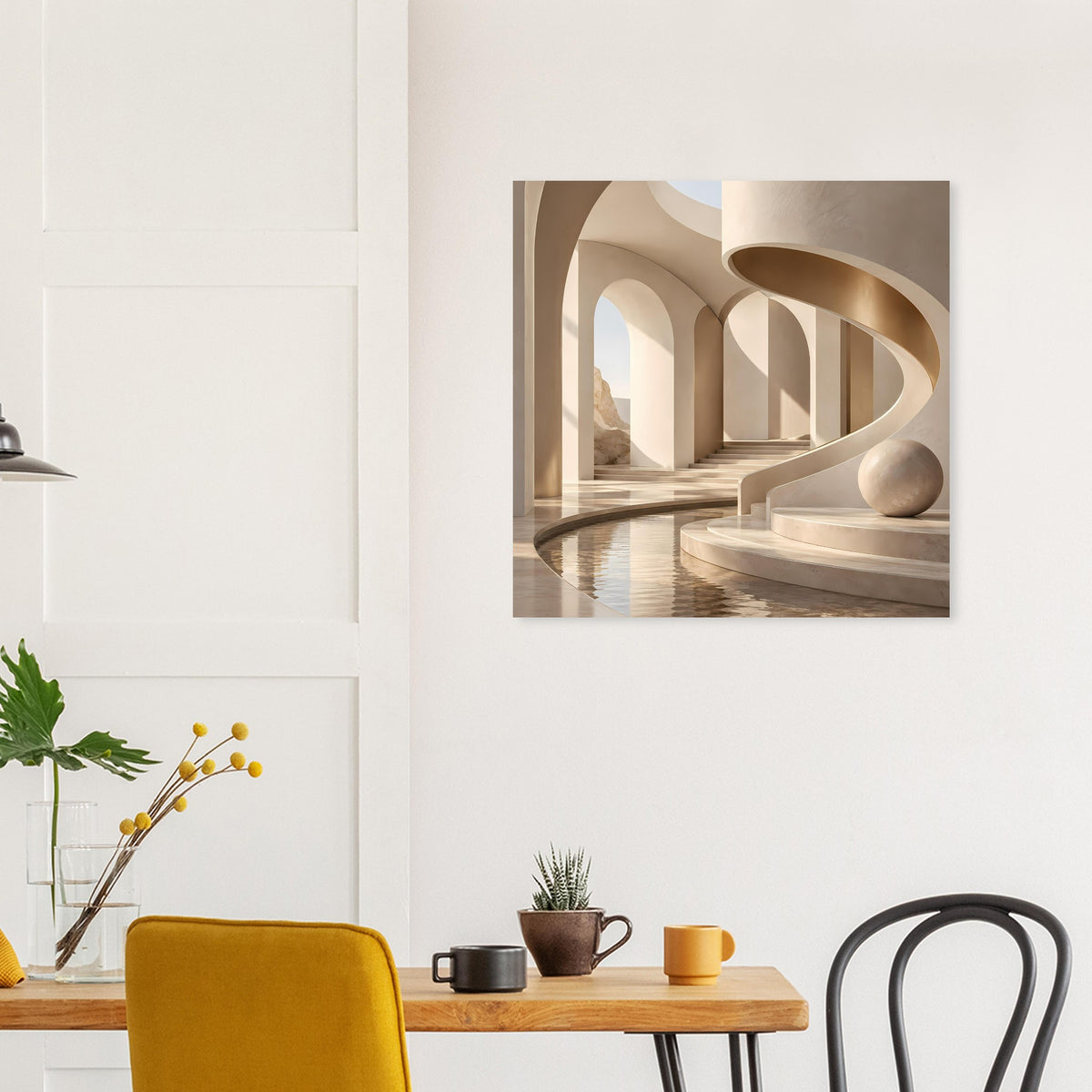 Architekturposter mit langen Arkaden, geschwungenem Geländer und runder Stein-Kugel