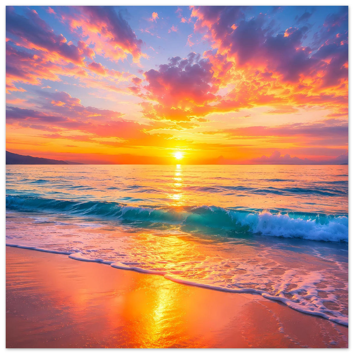 Horizontales Beachposter mit Sonne am Horizont, Wellenlinie im Vordergrund und leuchtenden Farben