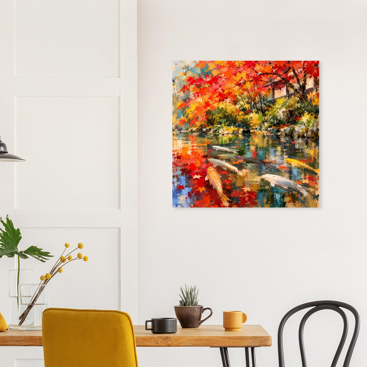 Poster mit Koi-Teich: lebendige Herbstfarben, gelbe Blätter, Wasserfläche und Fische