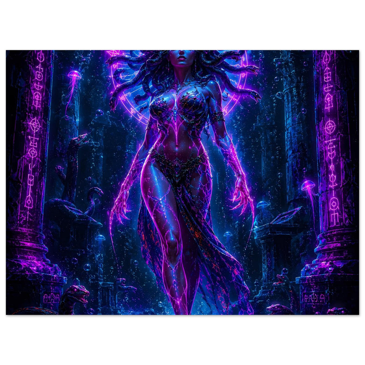 Poster mit Neon-Medusa, blau-violetter Fantasy-Gesamtkörper, leuchtende Konturen