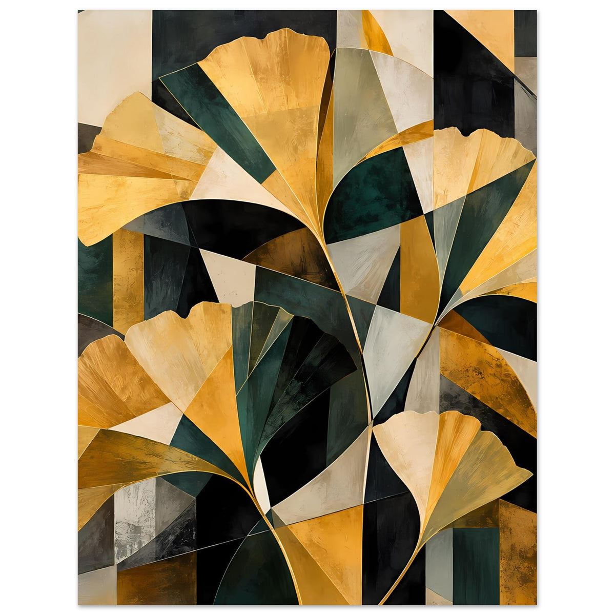 Abstraktes Blumenposter mit goldenen und tiefgrünen Blütenformen, geometrisch, Hochformat