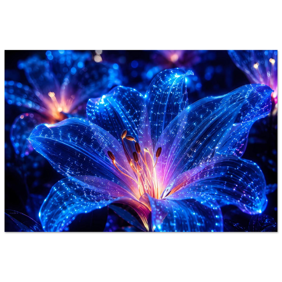 Leuchtendes Blumenposter: große blaue Blüte mit funkelnden Strukturen und violettem Schimmer