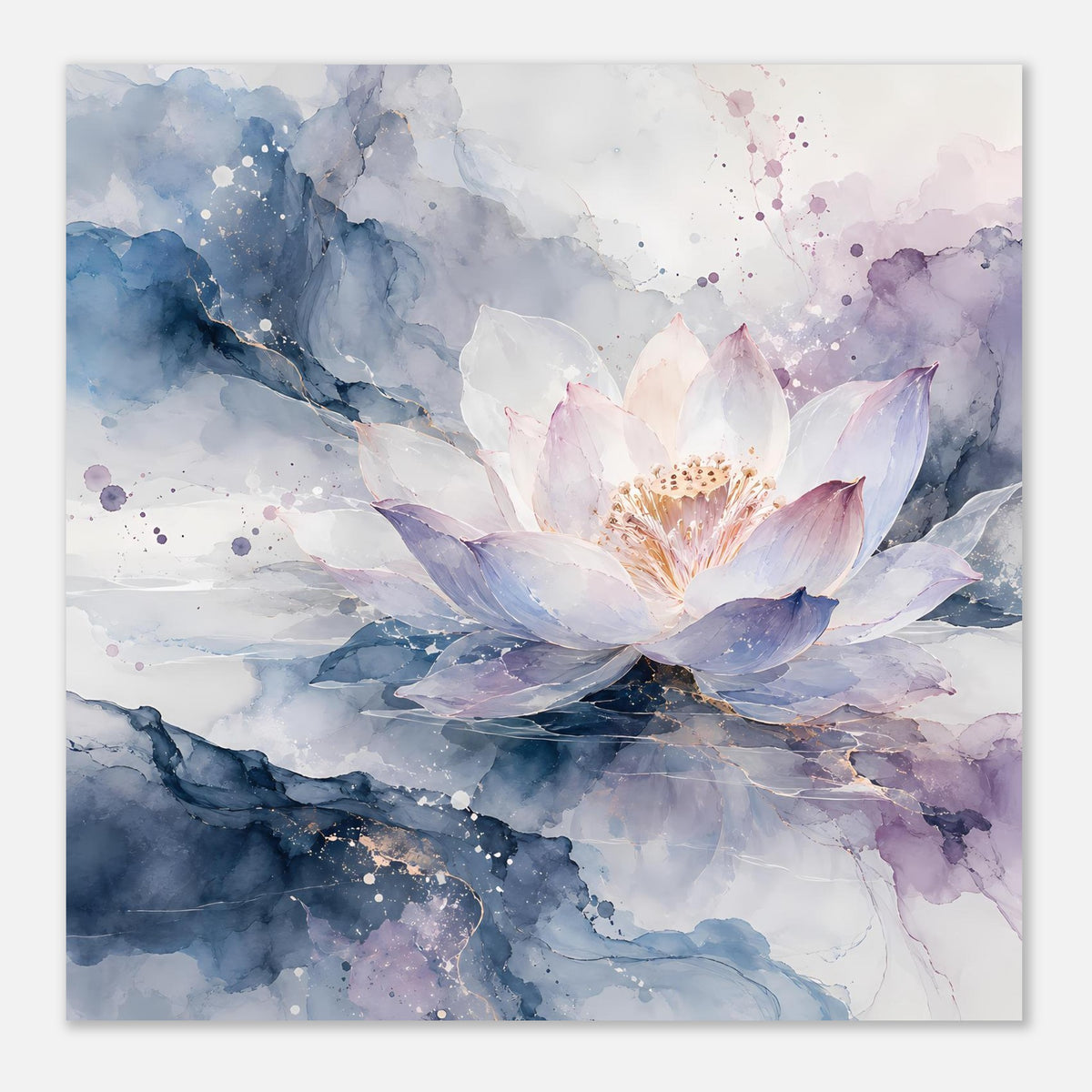 Quadratisches Lotusblütenposter mit weißer Lotusblüte und blau-violetten Wasserfarben