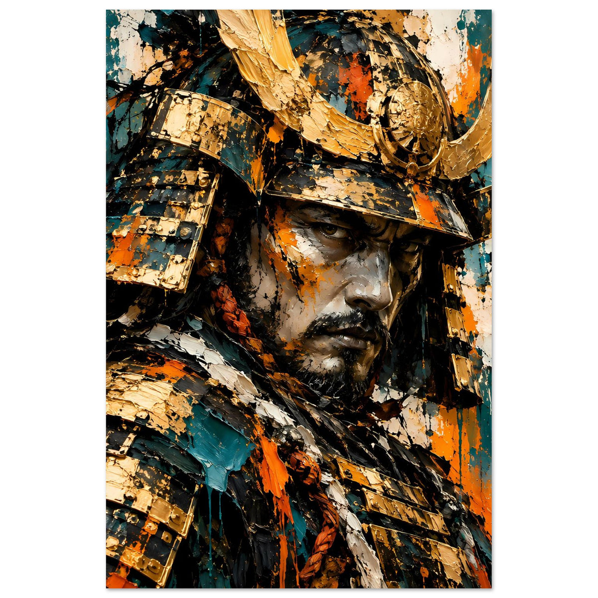 Vertikales Poster: Samurai-Krieger als Portrait, Helm mit goldenen Details, Blick nach vorn