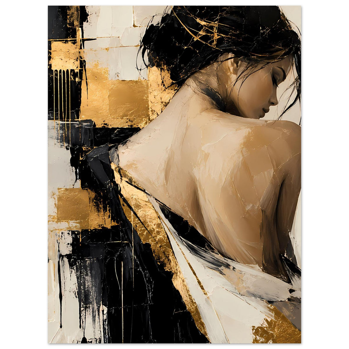 Abstraktes Damenportrait-Poster mit Aktfigur im Profil, beige Schattierung und goldene Spritzer