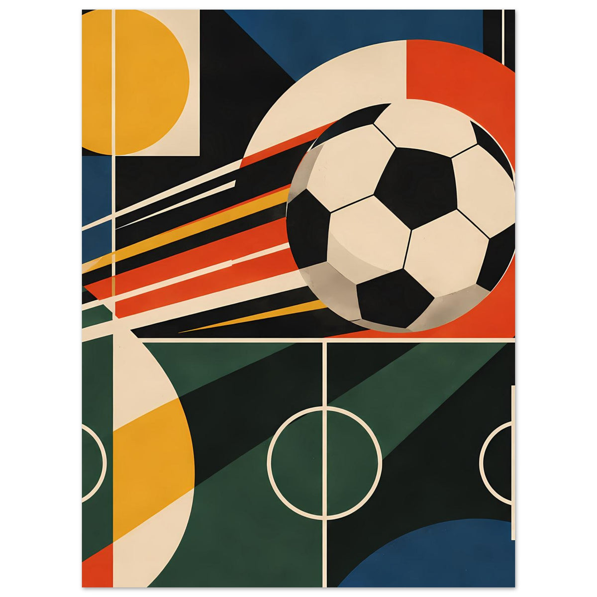 Fußballposter mit großem Ball, Mittelkreis und diagonalen Linien im Geometrie-Look