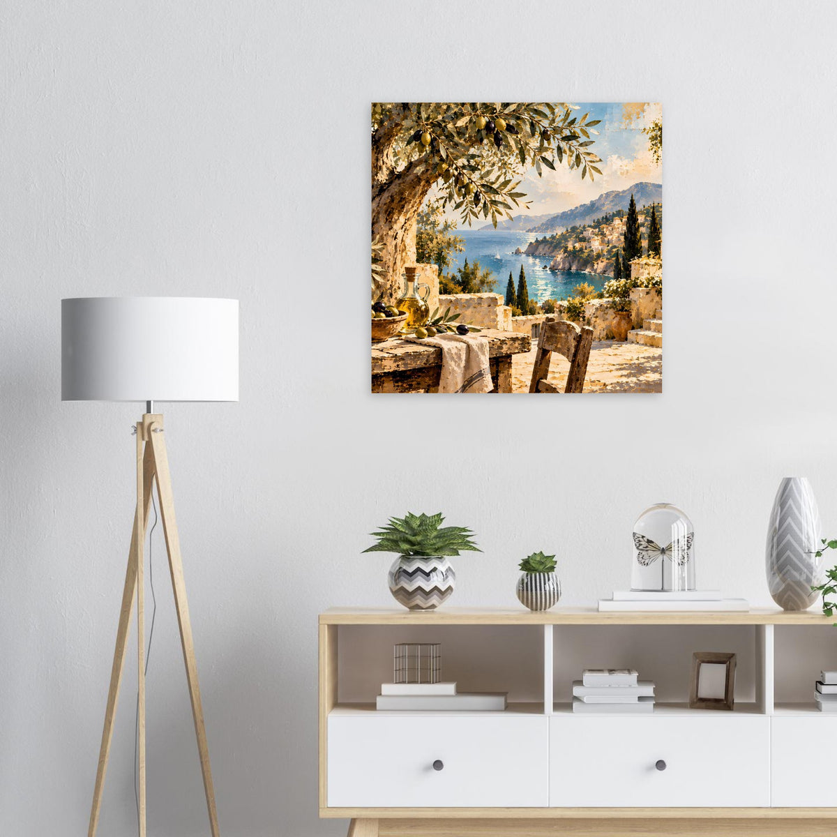 Quadratisches Poster auf mattem Papier: Küstenblick mit Meer, Steinterrasse und Palmen