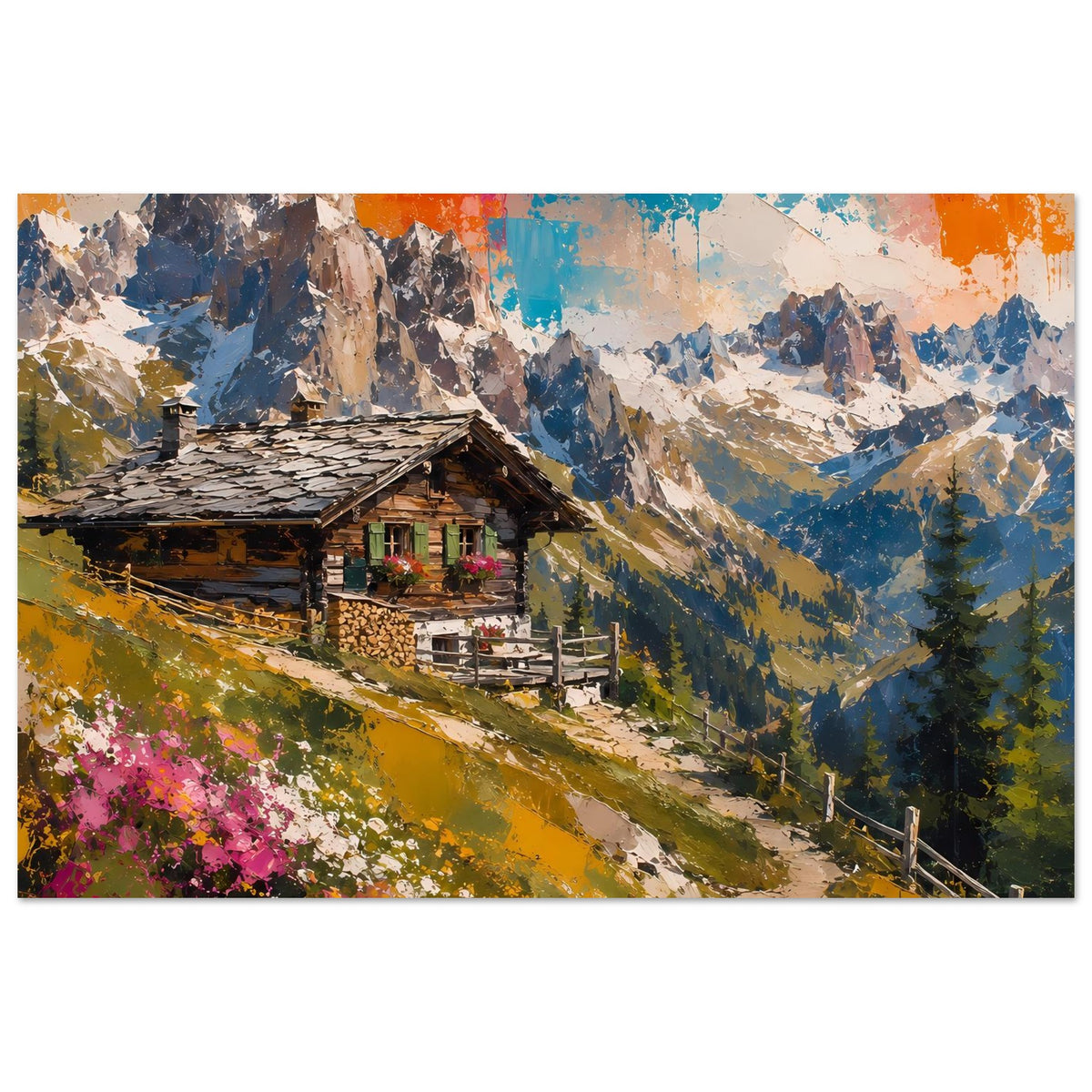 Poster mit Berglandschaft und Hütte, kräftige Farben am Himmel, breiter Zuschnitt