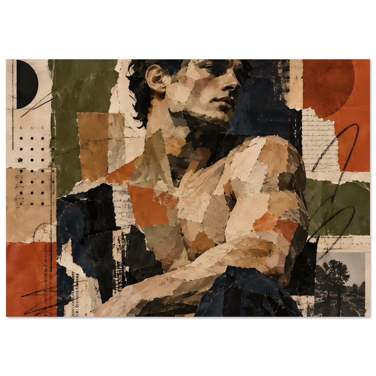 Kunstposter mit Vintage-Collage-Porträt in Erdtönen, horizontale Ansicht, strukturiert.