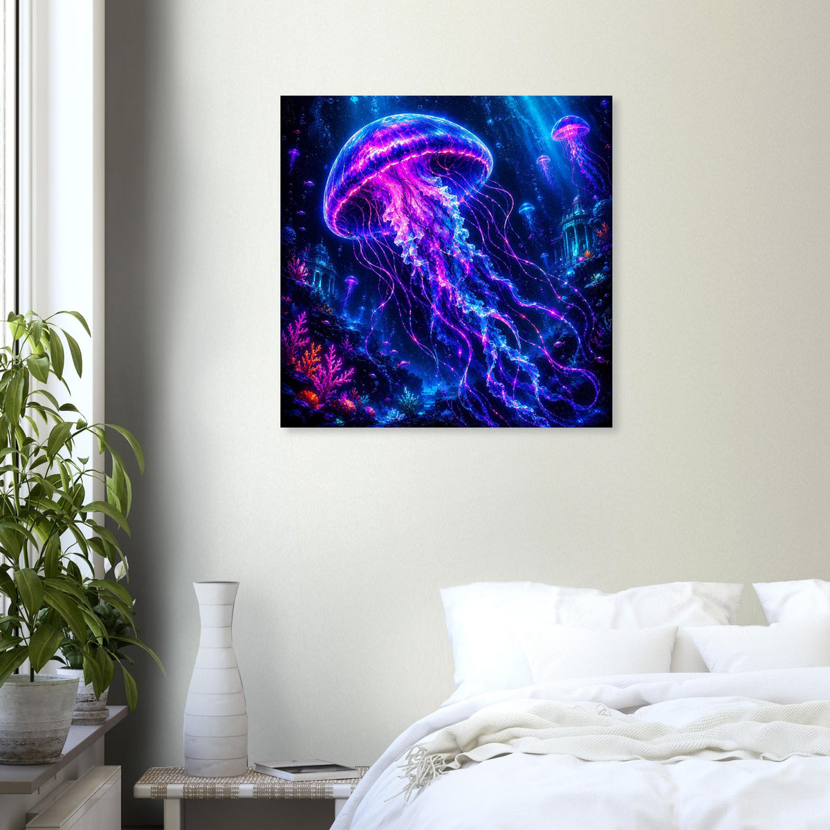 Quadratisches Poster mit leuchtender Qualle in Lila/Pink vor tiefblauem Hintergrund