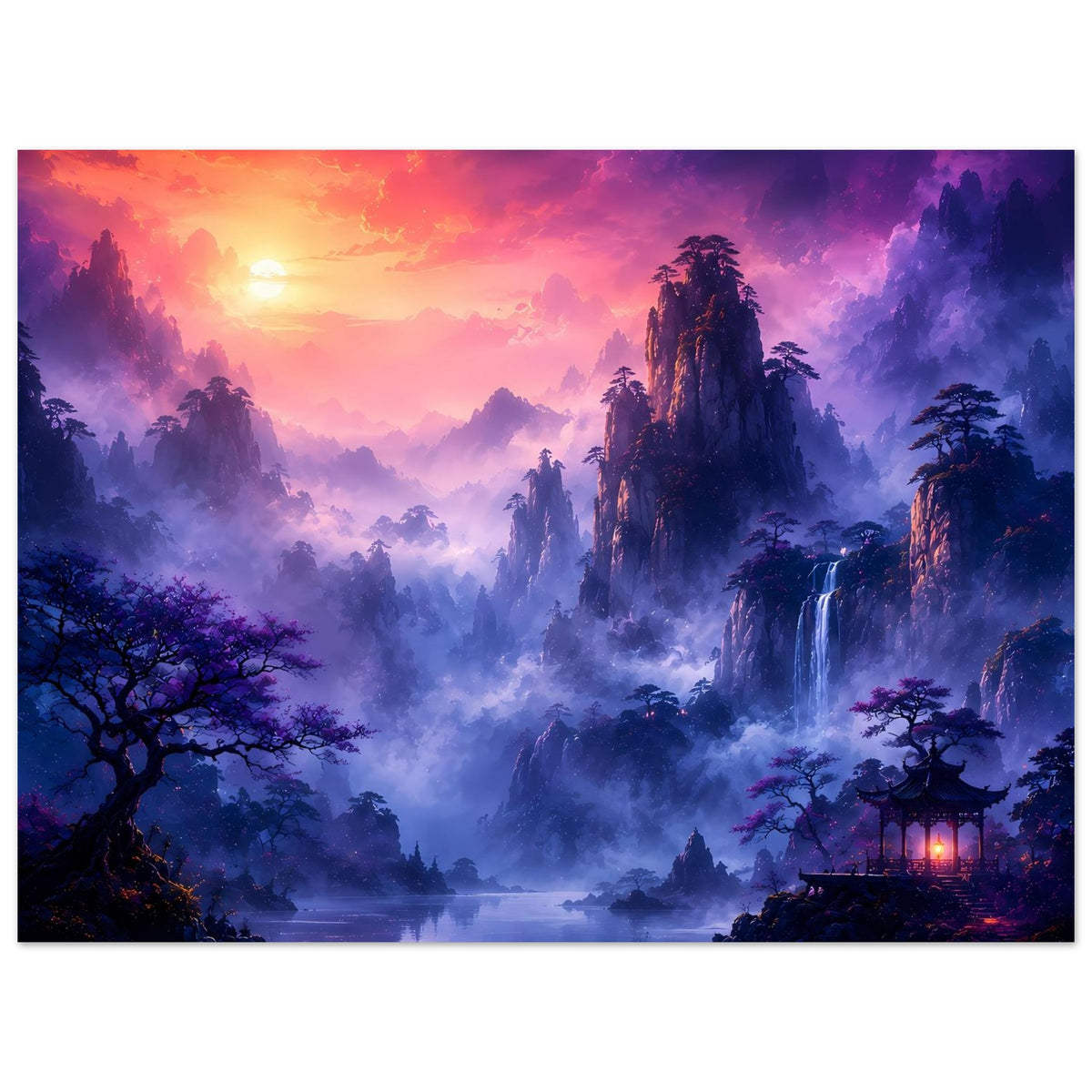 Fantasy-Poster im Rahmen mit Nebelbergen, See, Wasserfall und violettem Himmel
