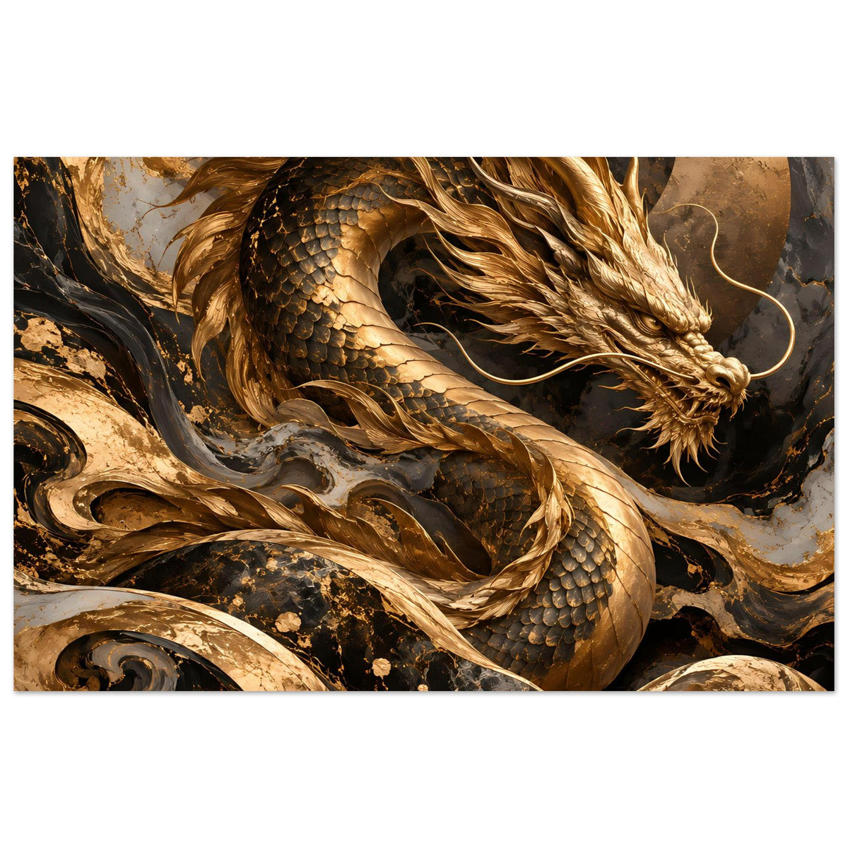 Fantasy-Poster mit goldener Drachenrippe und Kopf, Schuppenmuster im Fokus