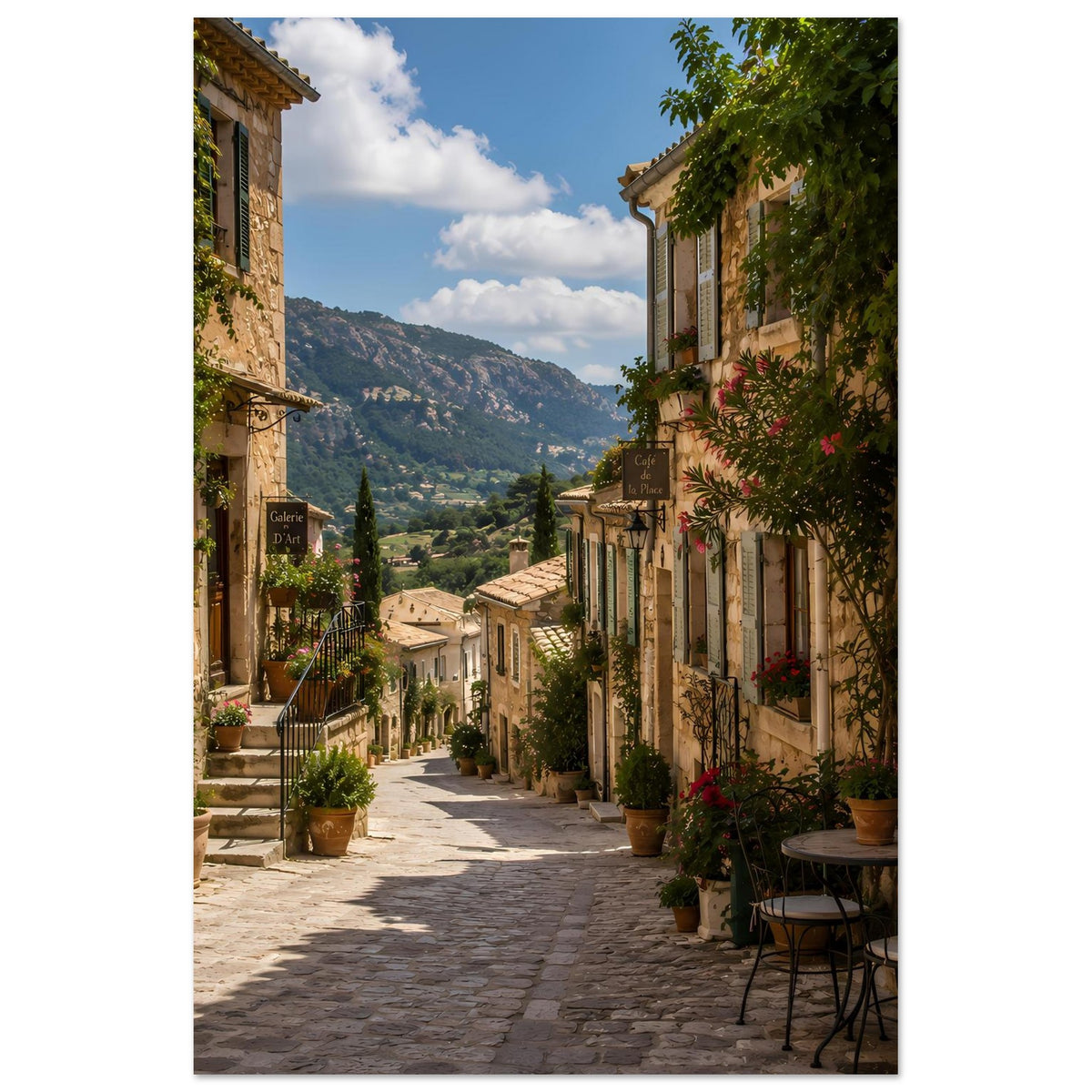 Poster im Hochformat: schmale Gasse mit Steingebäuden, Grünpflanzen und Bergblick