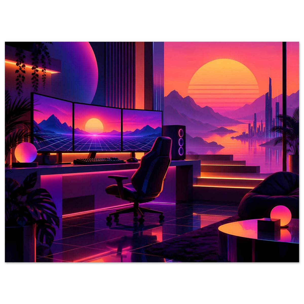 Retro-Neon-Sonnenuntergang-Poster: Terrasse mit Stuhl, Spiegelboden, Skyline, Sonne und Pflanzen