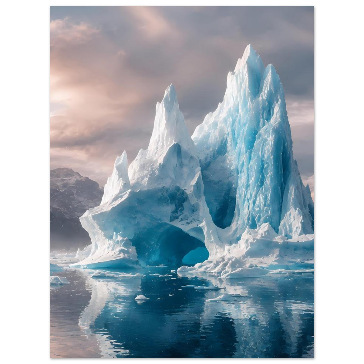 Eisberg-Poster mit blauem Eissockel und Spiegelung im Wasser, vertikale Ansicht