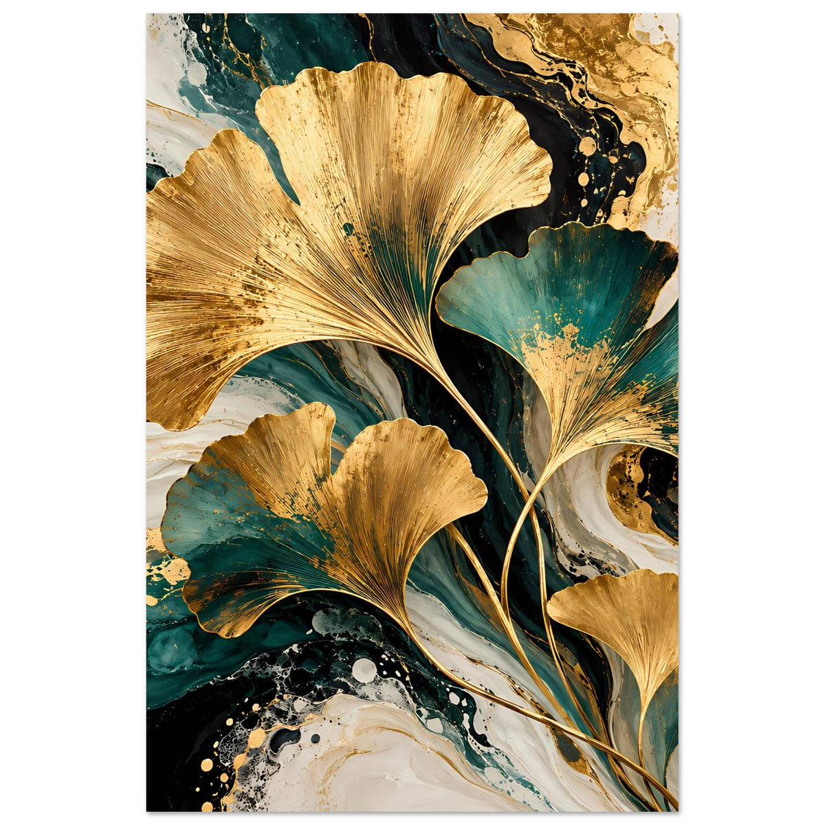Naturposter mit mehreren goldenen Ginkgo-Blättern, türkis-grünem Muster und weißen Sprenkeln