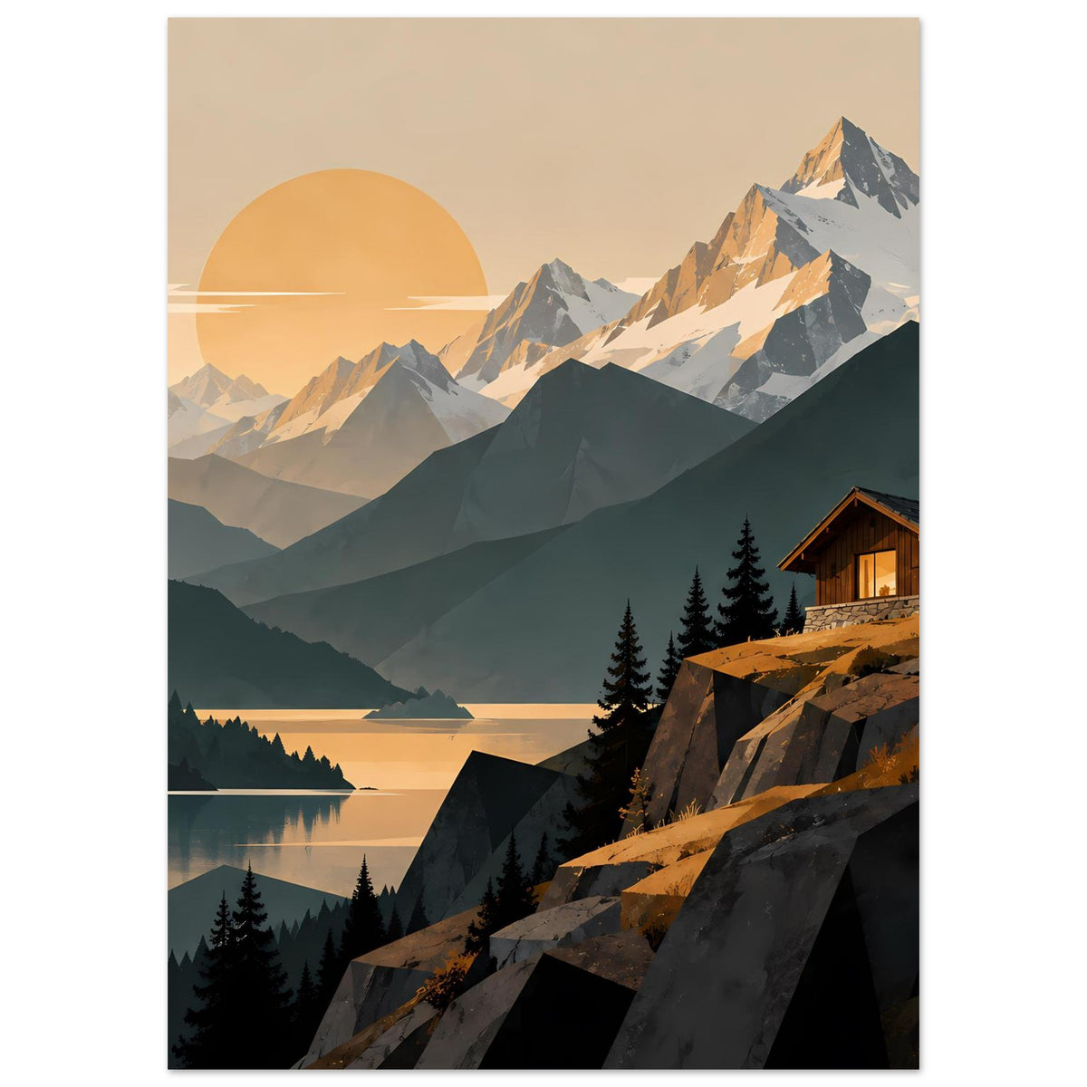 Wandposter Alpenblick mit See, Tannenwald, Berggrat, großer Sonne und Holzhaus