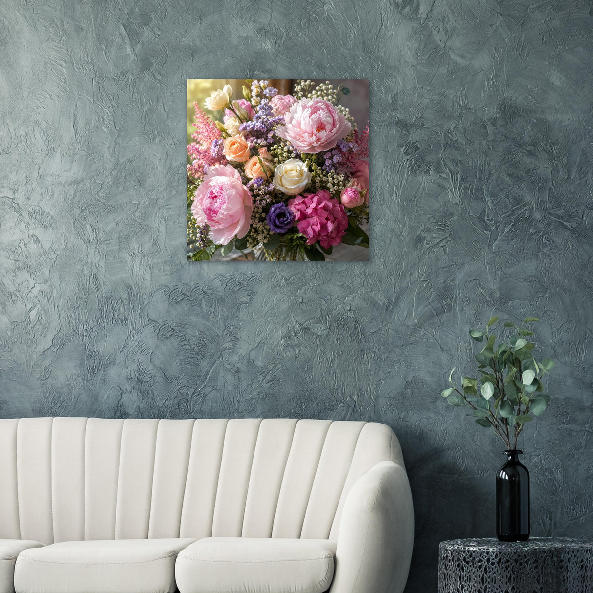 Quadratisches Blumenposter mit Pastell-Pfingstrosen und Hortensien, dekorativer Strauß-Optik