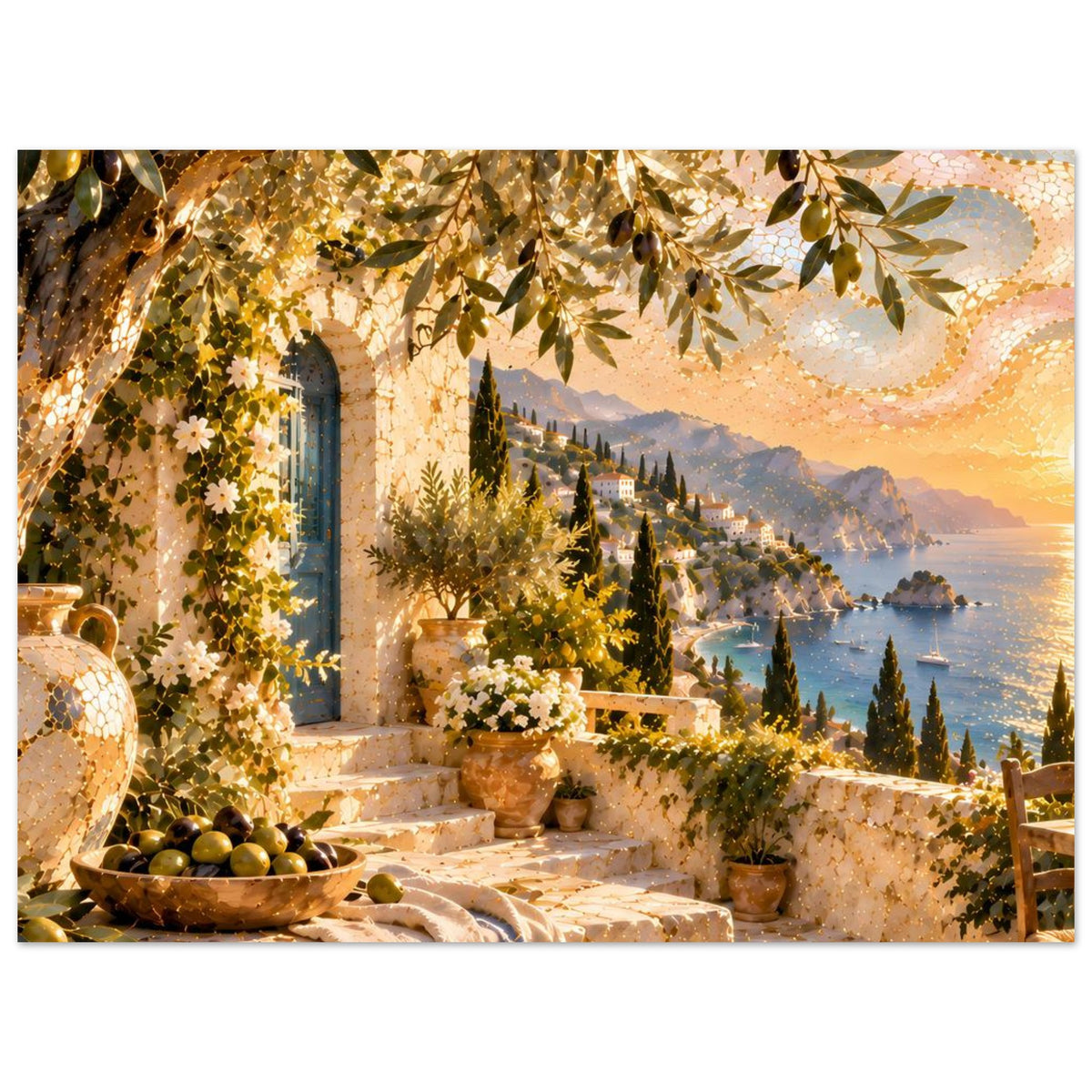 Mosaikkunst-Druck: mediterraner Durchgang mit Olivenzweigen, Blumen im Topf und Booten