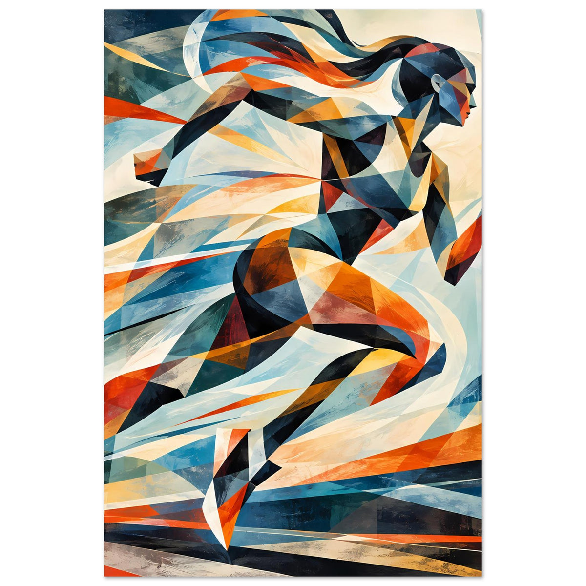 Poster mit abstrakter Läuferin, flächige Muster in Dunkelblau, Orange und Creme