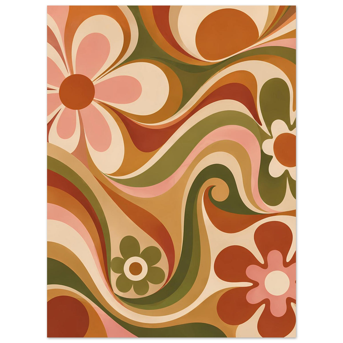 Vertikales Retro-Blumenposter mit abstrakten Wirbeln und Blüten in Olivgrün und Orange