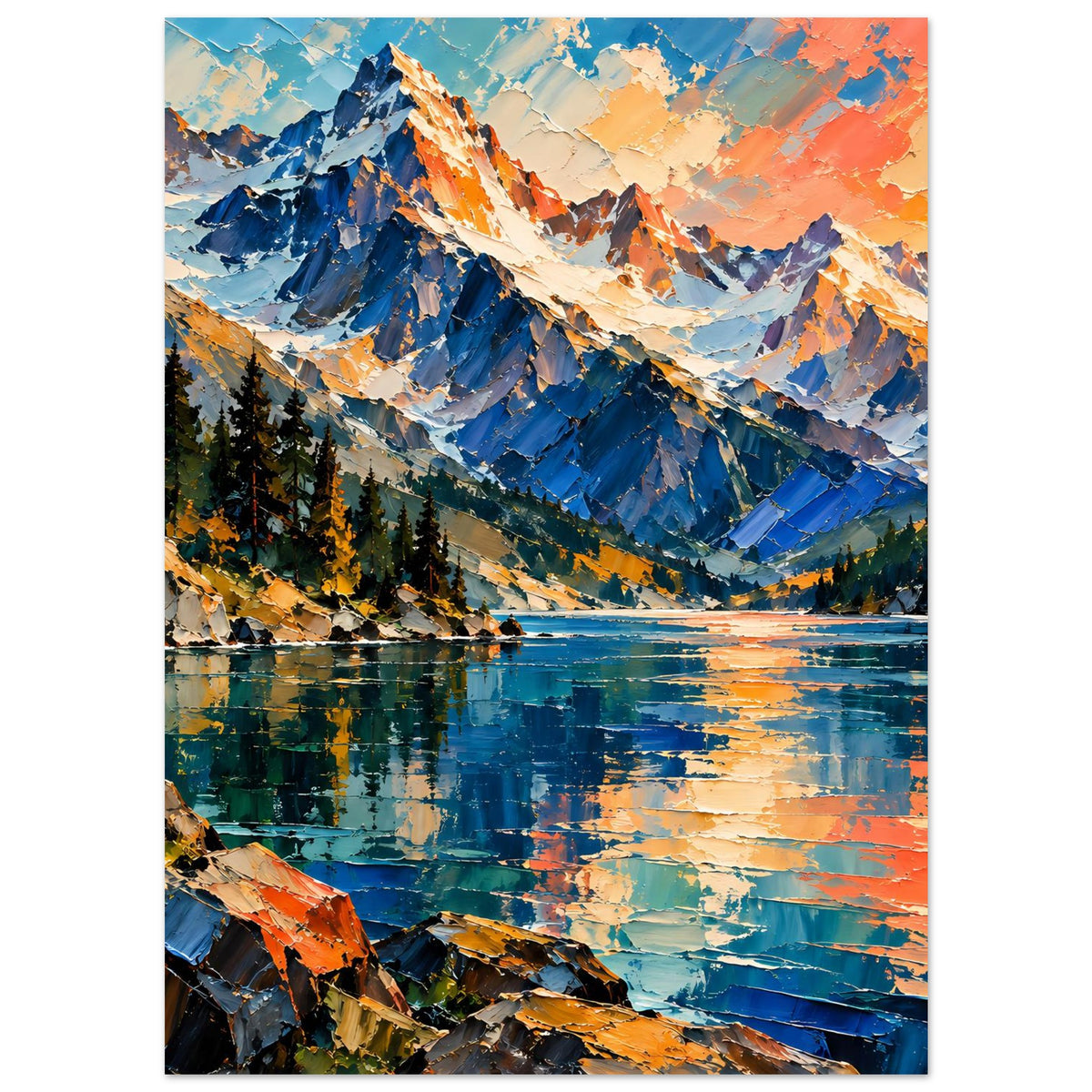 Matte Poster mit Bergsee-Landschaft: Gebirge, Spiegelung im See und warmes Farbspektrum
