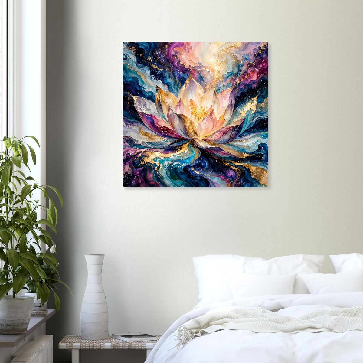 Quadratisches Blumenposter: zentrale Blütenform mit goldener Lichtspur und blau-violetten Strömungen.