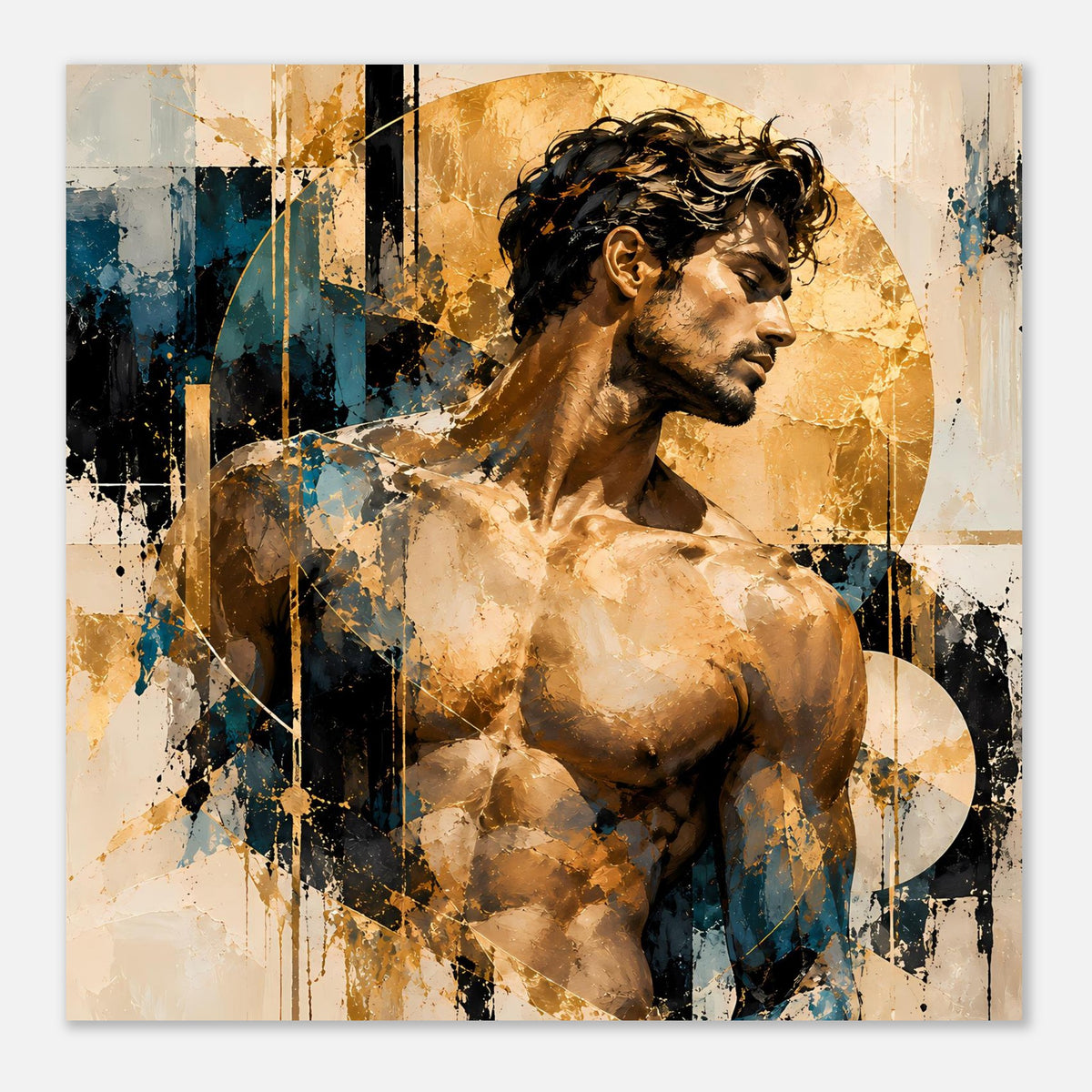 Kunstposter mit Akt-Motiv: muskulöser Oberkörper, Gold- und Blauspachtel, Seitenblick