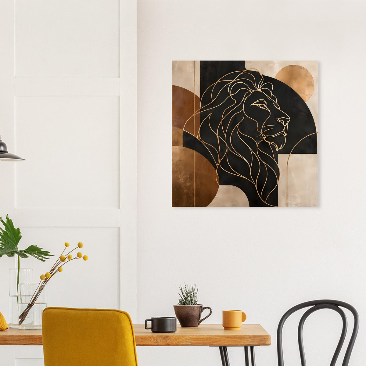 Wandposter mit goldbronzenen Blockflächen und schwarzem Löwenprofil aus Linien