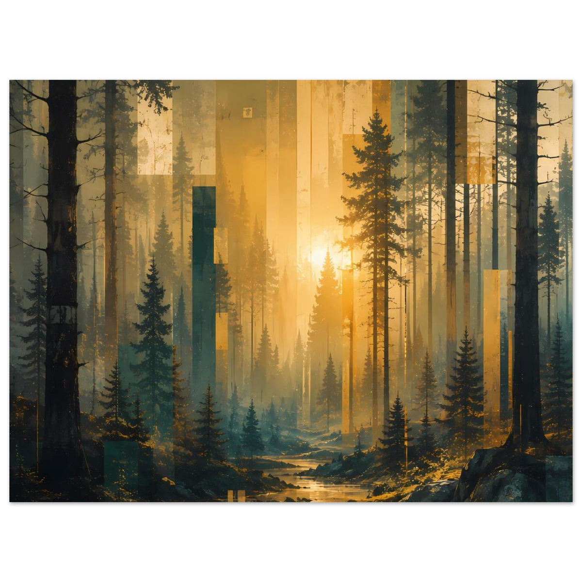 Waldlandschafts-Poster mit Sonnenaufgang, Lichtkegel durch Bäume und ruhiger Bachlandschaft