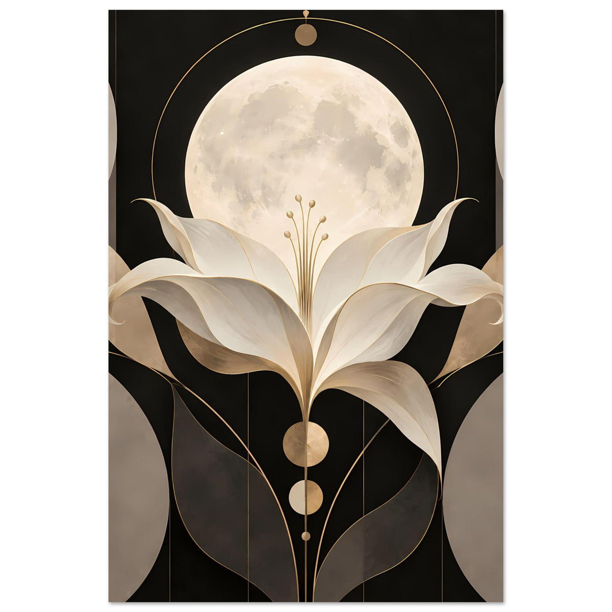 Art-déco-Poster mit cremefarbener Lilie vor Mond und goldenen Akzenten
