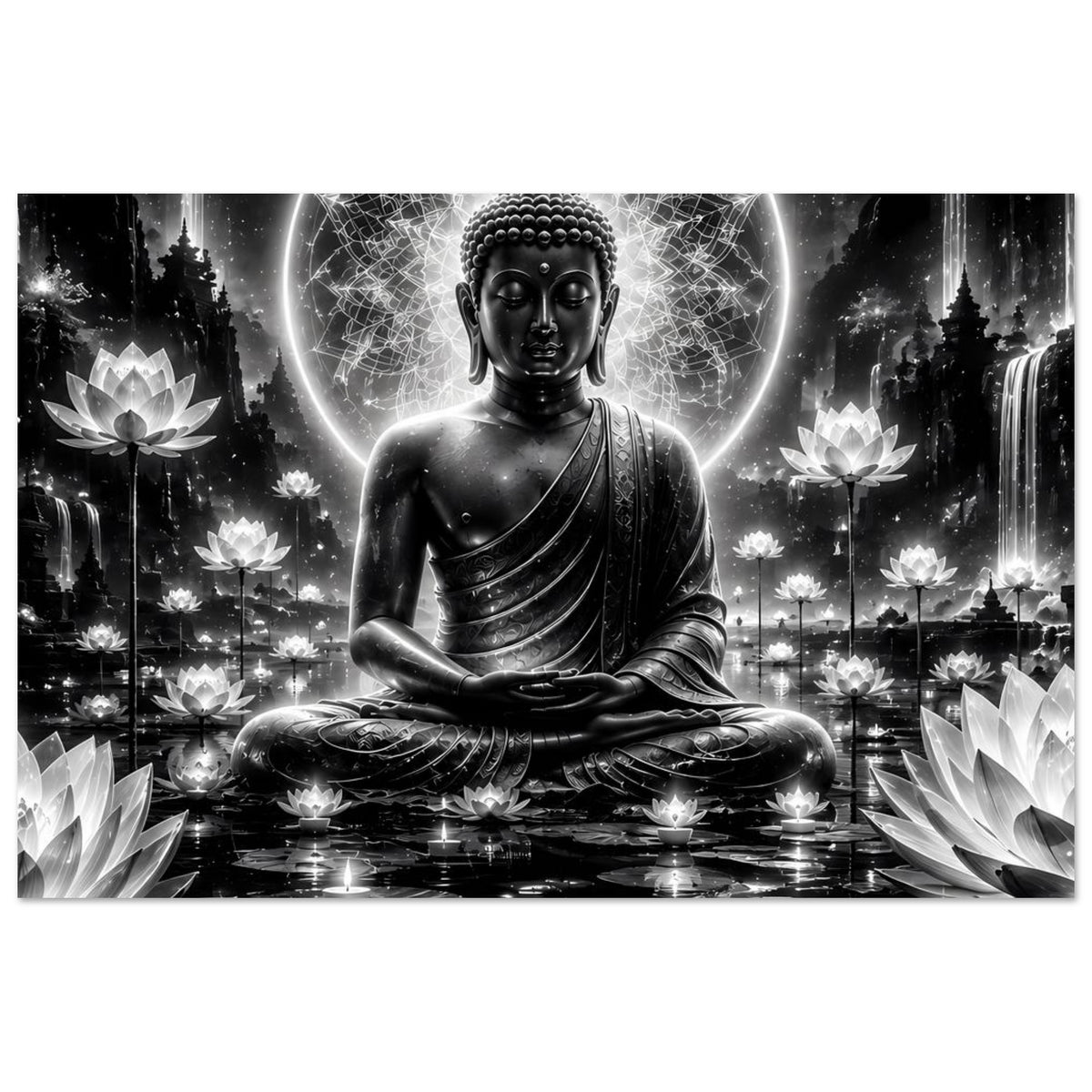 Buddha-Poster im Meditationssitz, schwarzweiß mit Leuchtring über dem Kopf und Lotus-Details