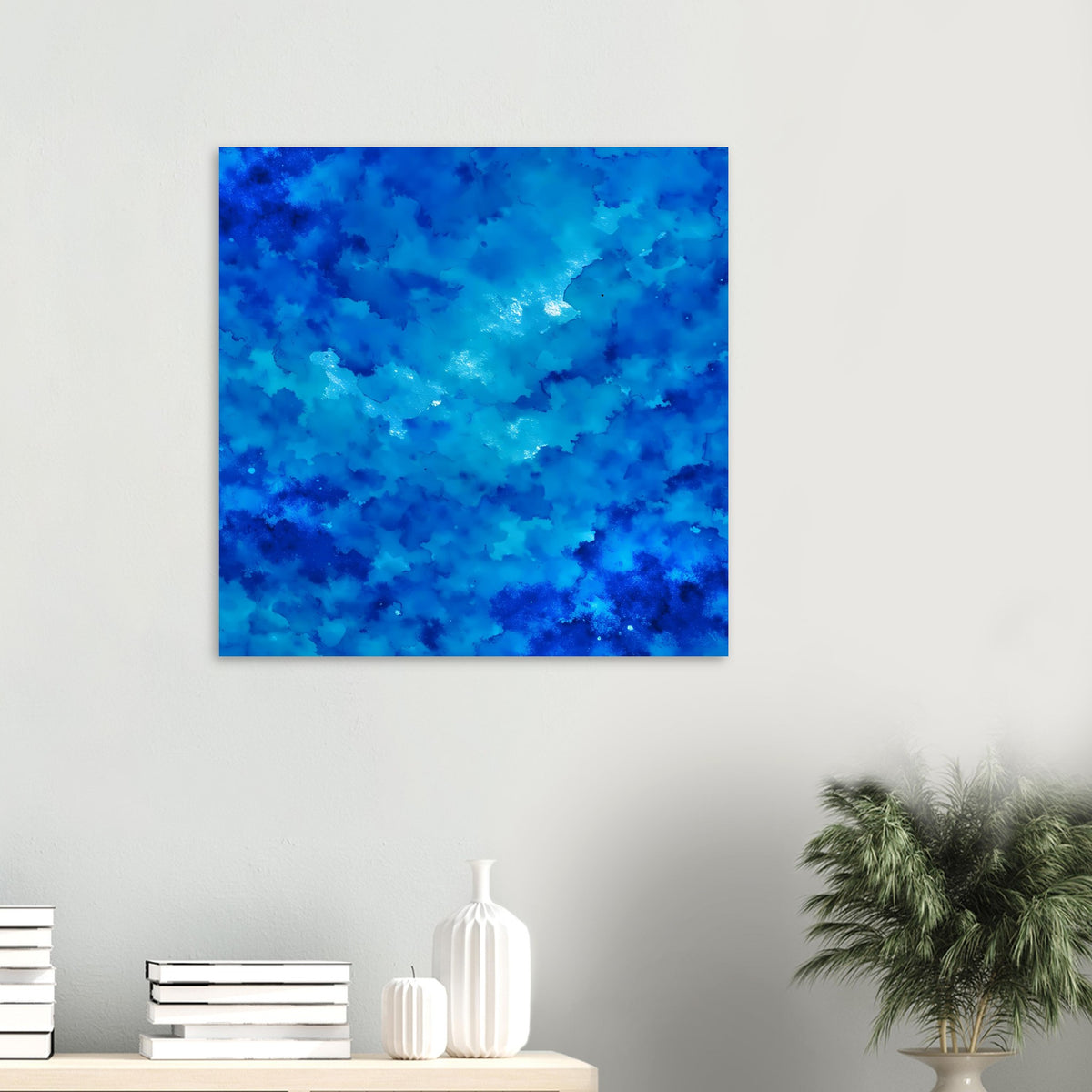Blaues abstraktes Kunstposter mit wässrigen Wolkenmustern, quadratisch