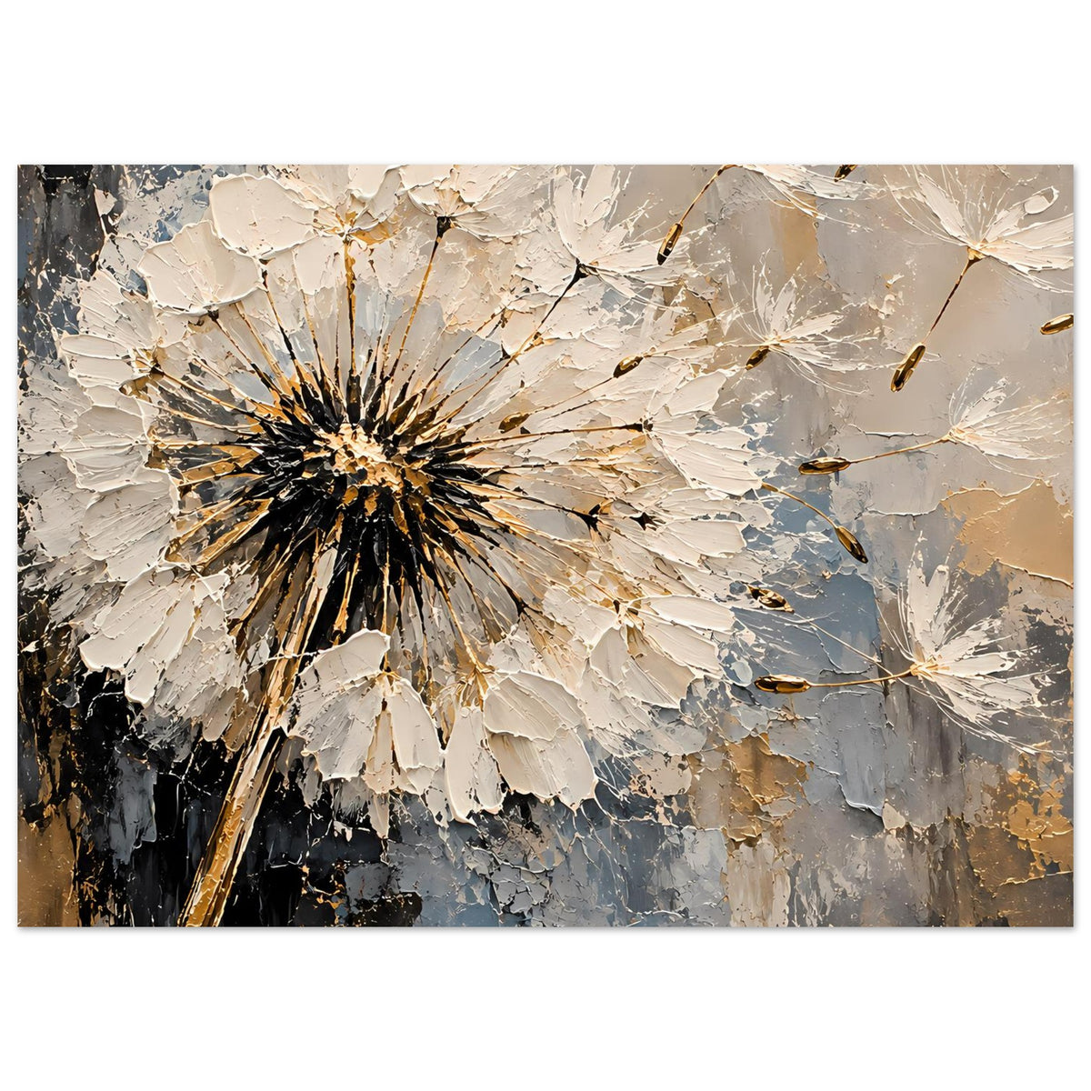 Deko-Poster mit Pusteblume, abstrakte Struktur und Goldakzente auf Blau-Beige