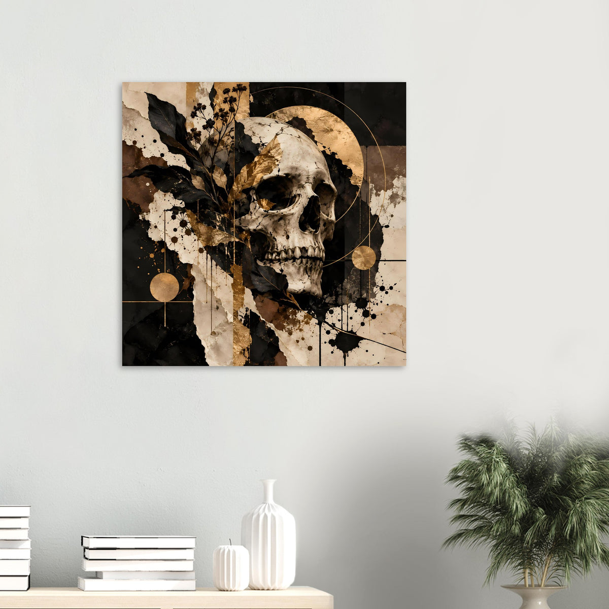 Kunstposter mit Totenschädel-Motiv in Schwarz, Gold und Spritzfarbe, quadratisch gerahmt