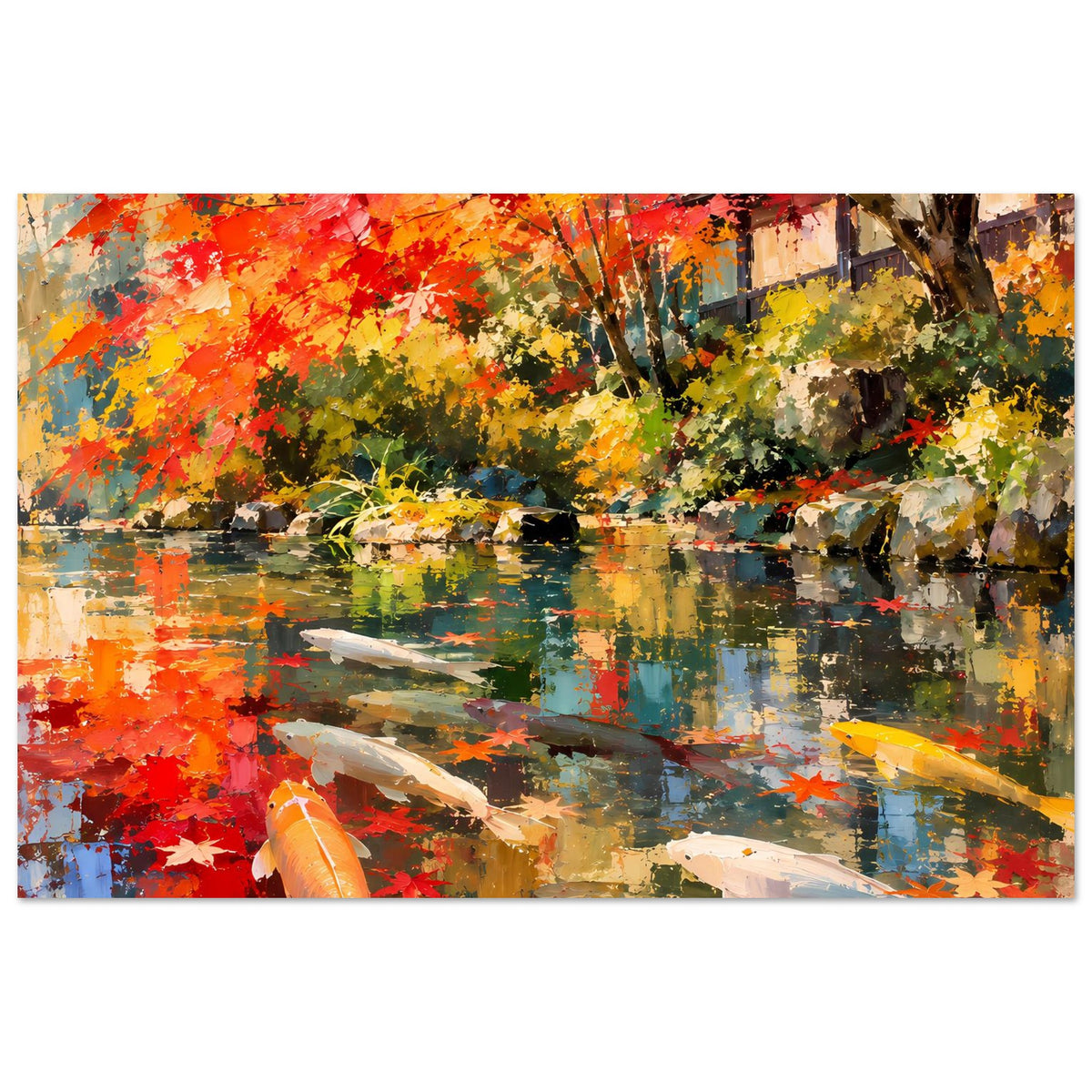 Poster im Koi-Teich-Stil: rote Herbstfarben, grünlich-blaues Wasser und Koi-Fische in Reihe