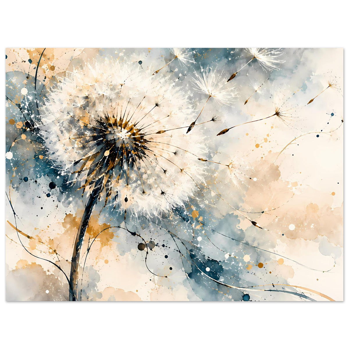 Kunstposter mit Pusteblumenmotiv in Blau- und Goldtönen, horizontale Ansicht