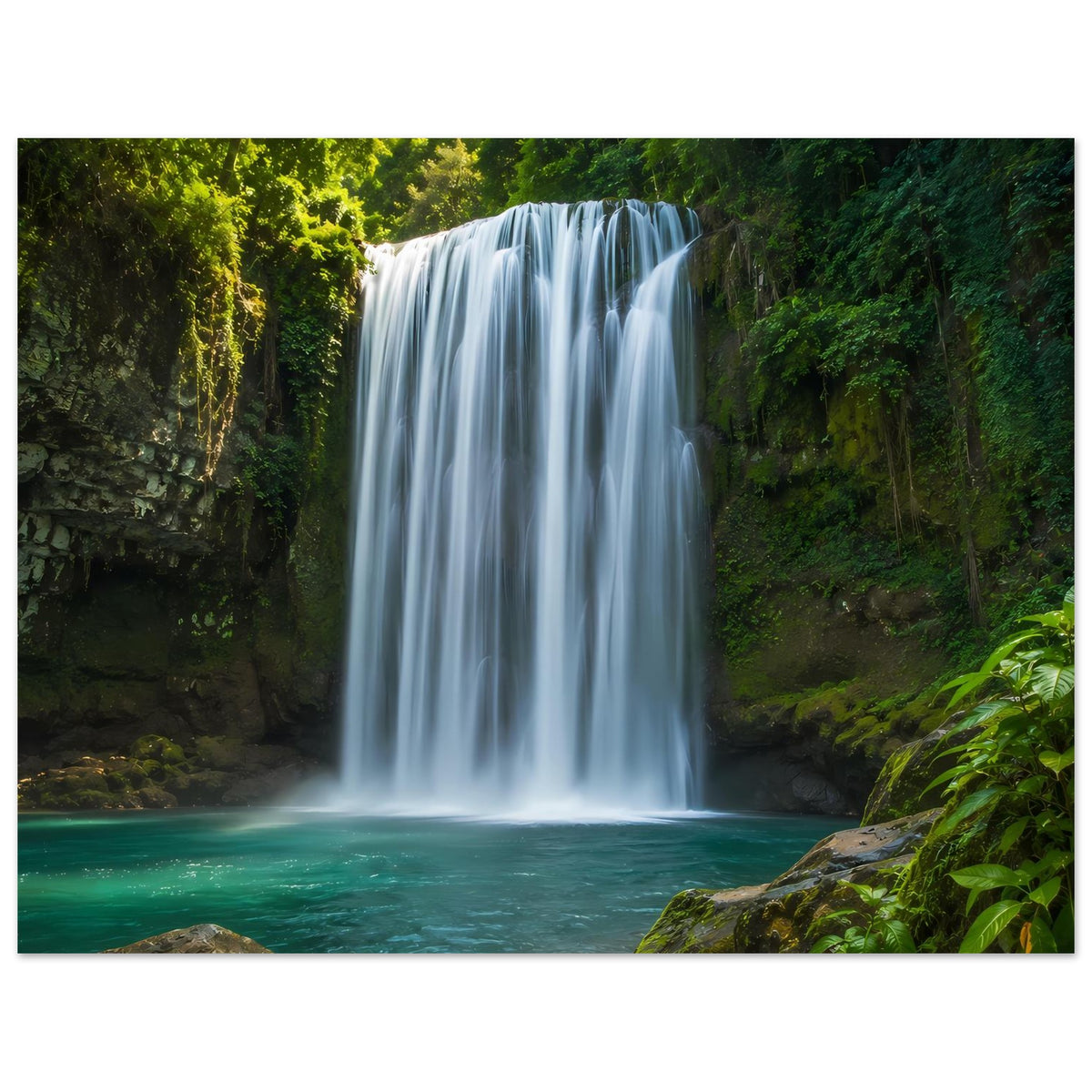 Horizontales Poster: großer Wasserfall über türkisfarbenem Becken, umrahmt von Grün