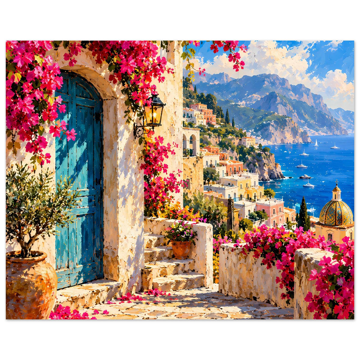 Querformat-Poster: mediterrane Treppe zwischen rosa Blüten, türkisblaues Meer und Küste
