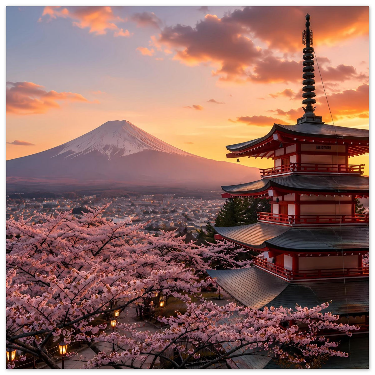 Japanisches Kunstposter: Berg Fuji links, Pagode rechts, Kirschblüten im Vordergrund, Sonnenuntergang