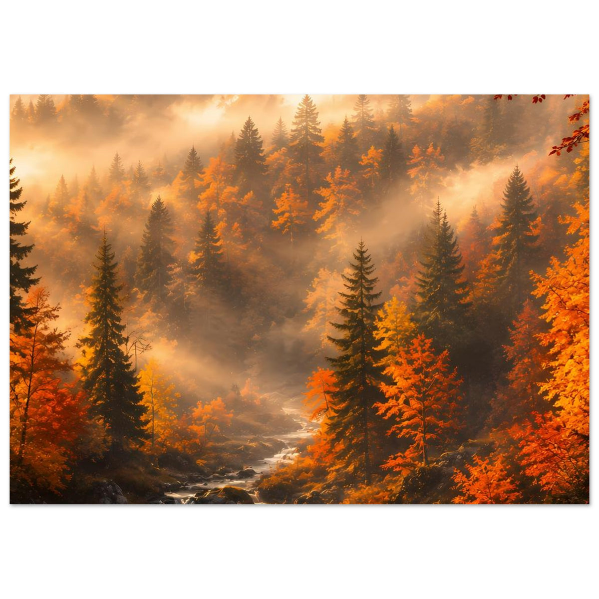 Herbst-Waldlandschaftsposter mit Nebelwald, orangefarbenem Tannenbestand und warmem Licht
