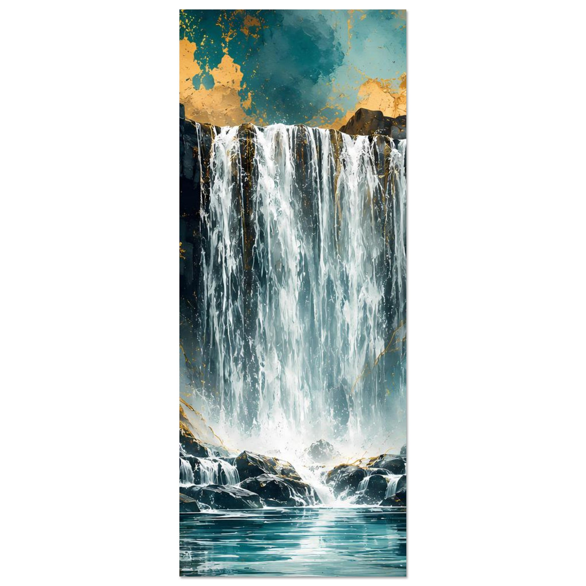 Vertikales Wasserfall-Poster, türkis-weißer Wasserfall zwischen Felsen, goldene Akzentbereiche