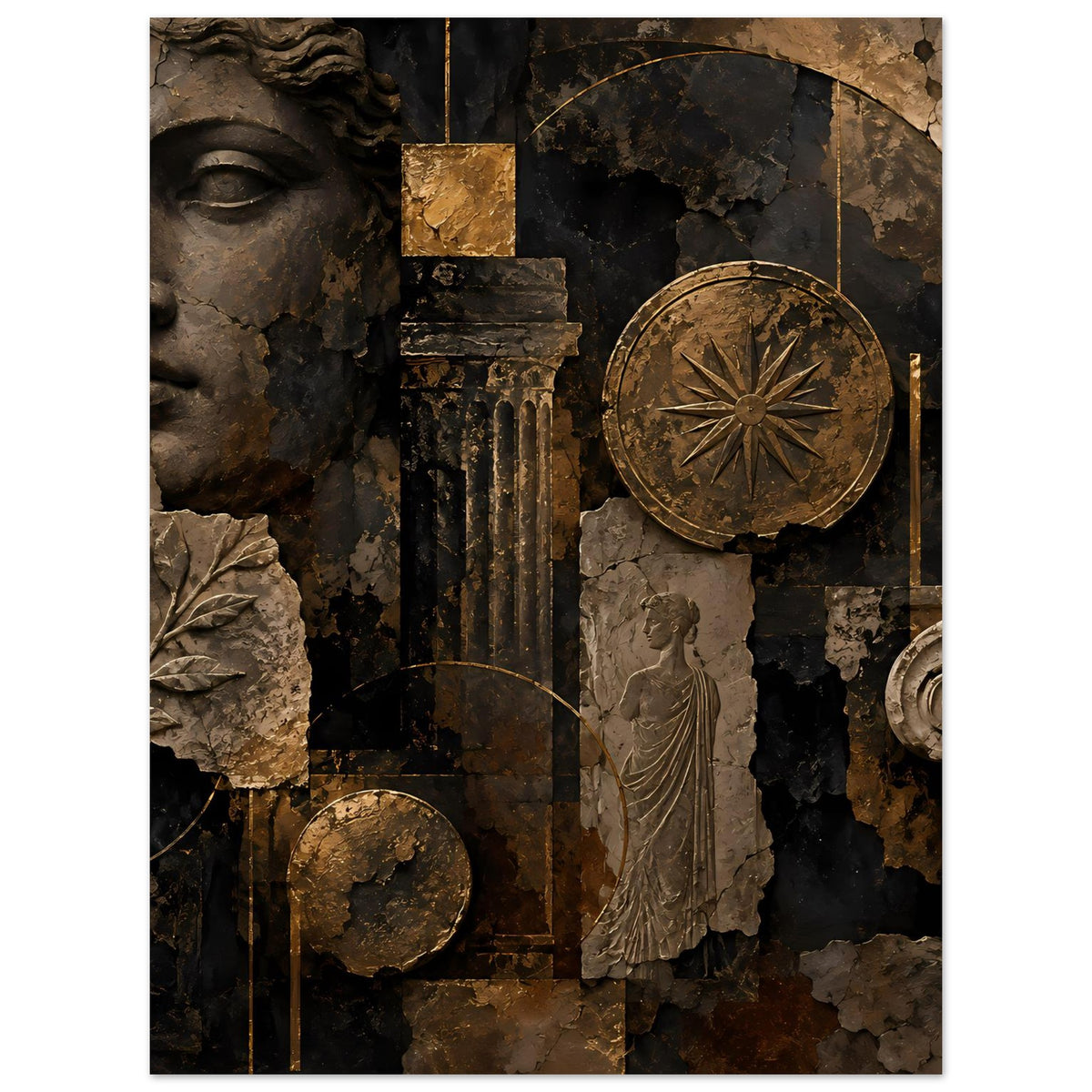 Vertikales Wandposter mit antiker Büste, Säulenfragmenten und goldenem Kreisornament in Bronze