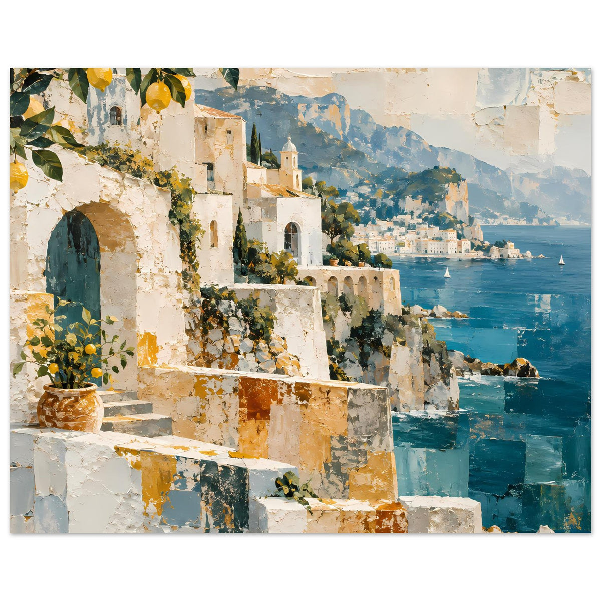 Kunstposter mit mediterranen Häusern, Zitronenkranz und türkisblauem Wasser am Hang