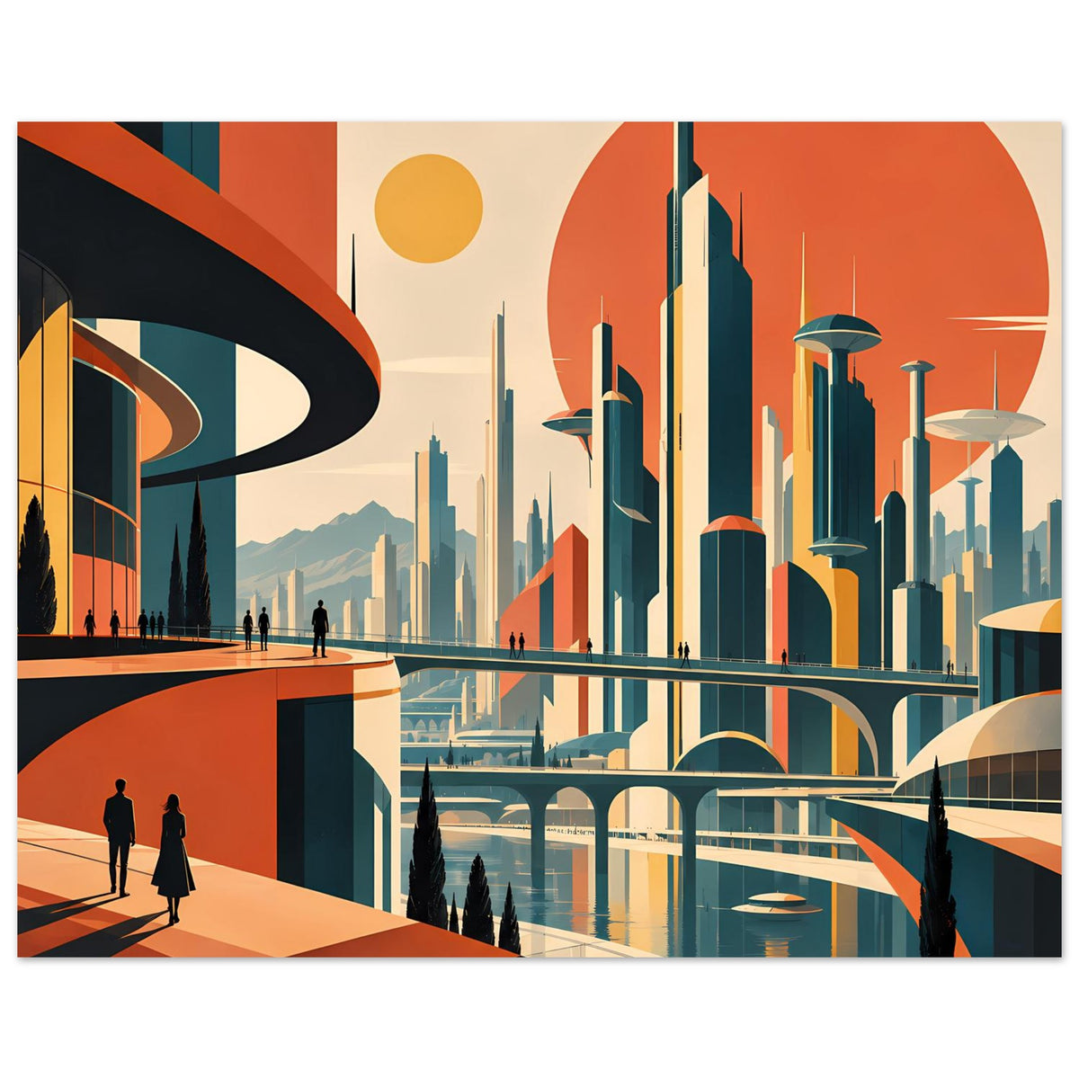 Breites Stadtposter mit Skyline, Brücke über Wasser, dunkelblau-grünen Türmen und Personen