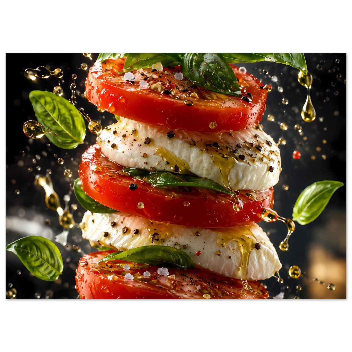 Horizontales Küchenposter mit Tomate‑Käse‑Stapeln, grünen Basilikumblättern und goldenen Spritzern
