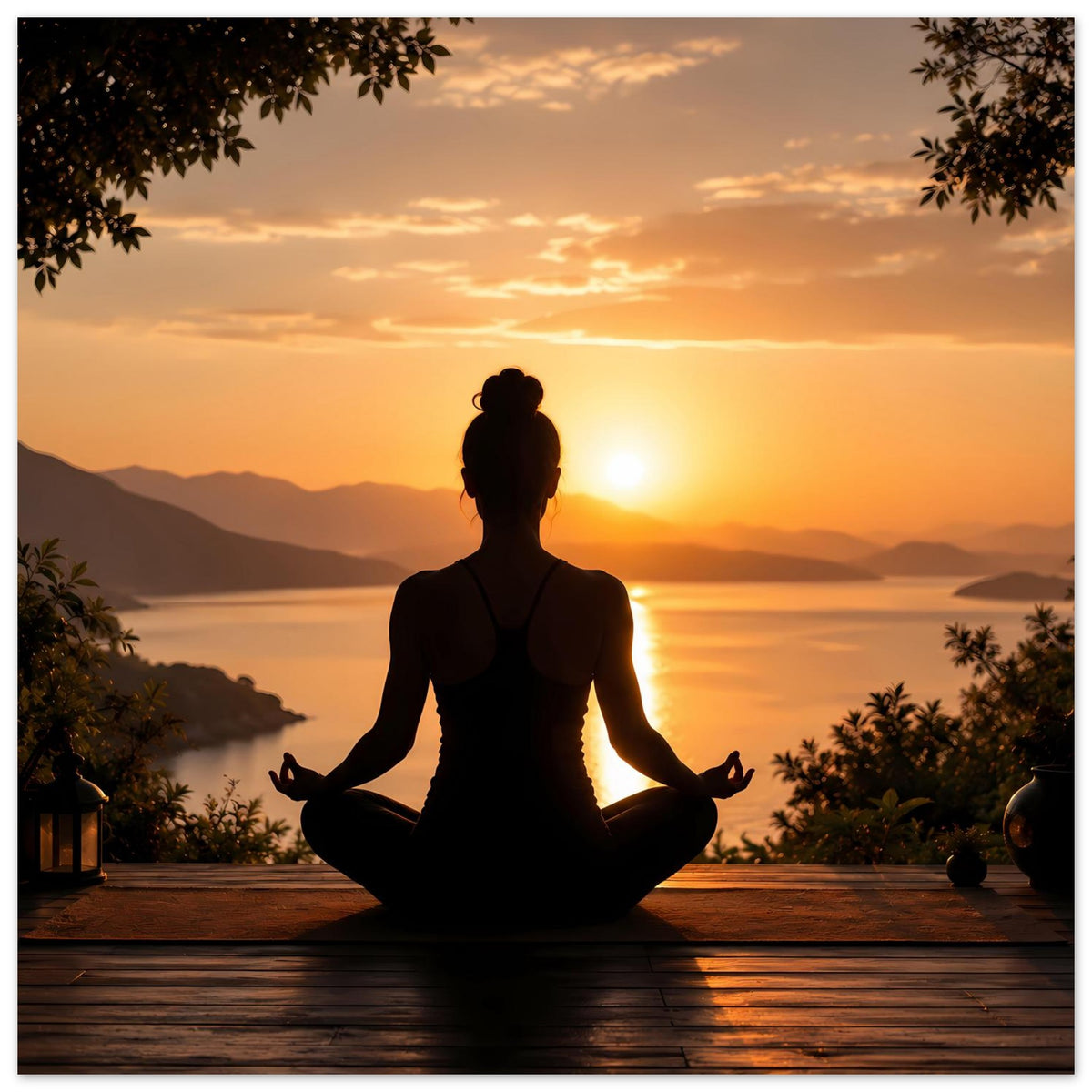 Meditationsposter: sitzende Silhouette beim Meditieren, Sonnenuntergang und Berge