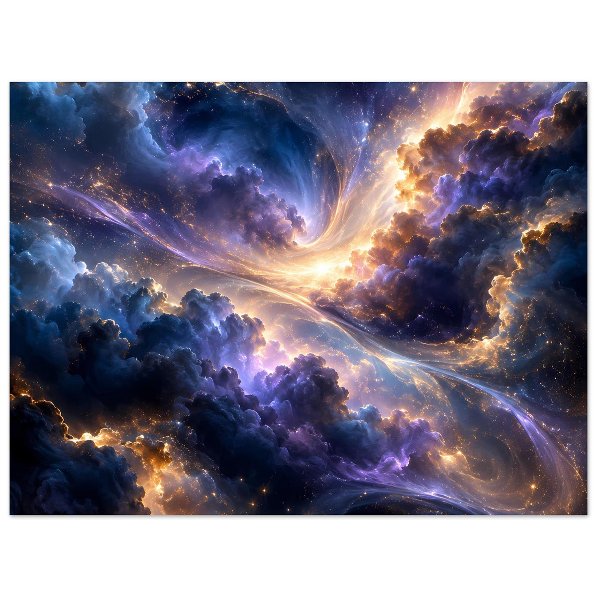 Galaxieposter im Querformat mit violett-blauem Nebel, leuchtenden Bahnen und Sternenstaub